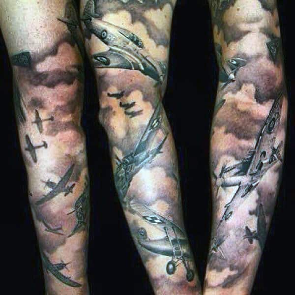 Sleeve Mens Aircraft In Clouds Tattoo