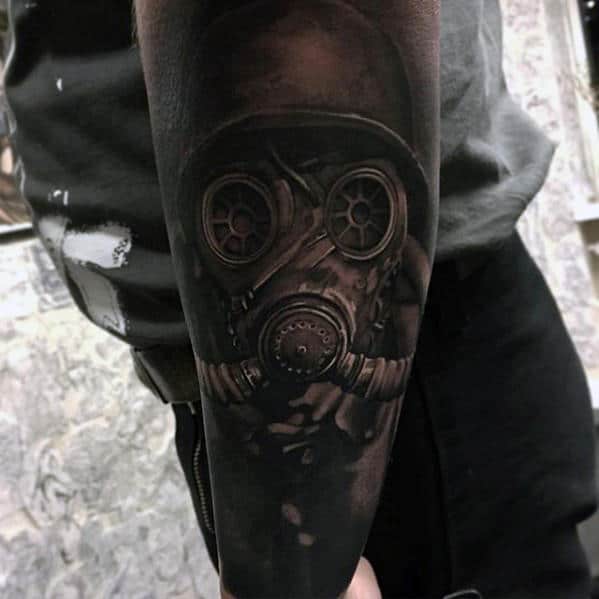 Sleeve Mens Hyper Realistic Forearm Gas Mask Tattoo