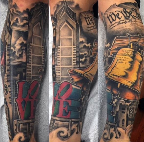 Sleeve Realistic We The People Bell Tattoo Design Ideas