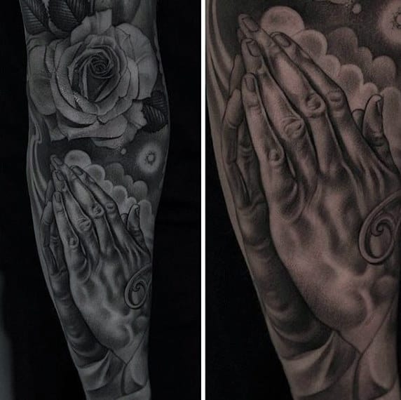 Sleeve Rose Flower Mens Praying Hand Tattoo