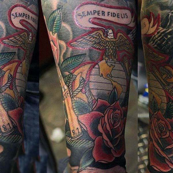 Sleeve Semper Fi Military Mens Bullet Tattoo With Roses