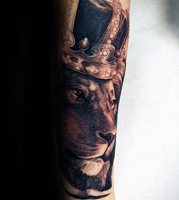 Sleeve Tattoo Of Lion With Crown For Men
