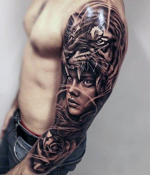 Sleeve Tiger Female Portrait And Rose Flower Coolest Tattoo Designs