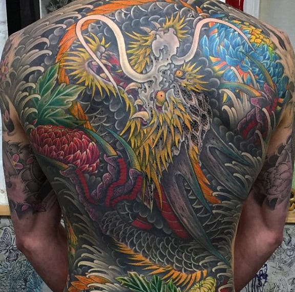 Slimy White Creature And Colorful Vegetation Tattoo Mens Full Back