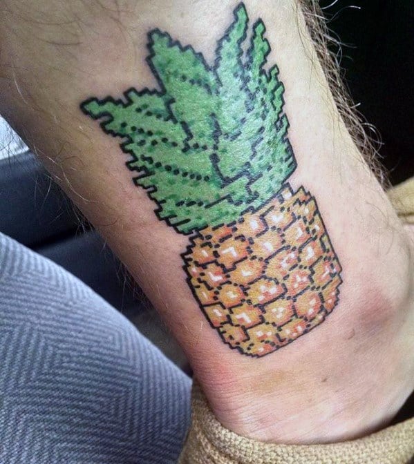 Small 8 Bit Pinapple Mens Lower Leg Tattoo