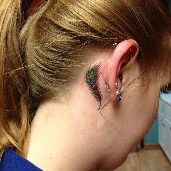 Small Back Ear Peacock Feather Tattoo