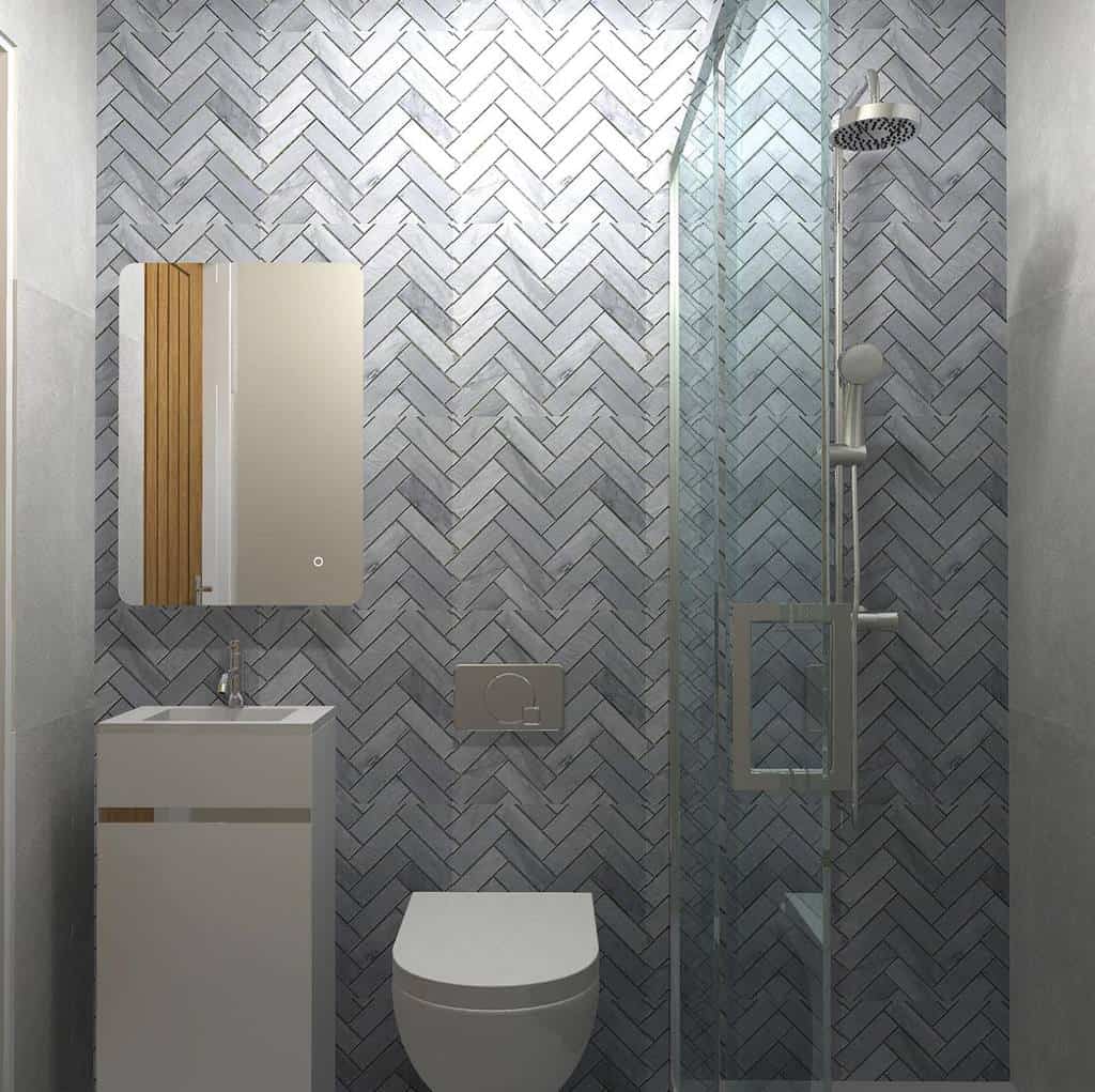 gray tile shower and bathroom 