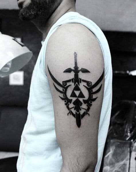 Small Black Ink Zelda Video Game Shield With Sword Male Tattoo Ideas