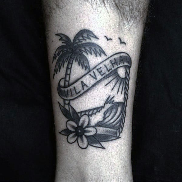Small Black Palm Tree And Flower Tattoo On Ankles For Men