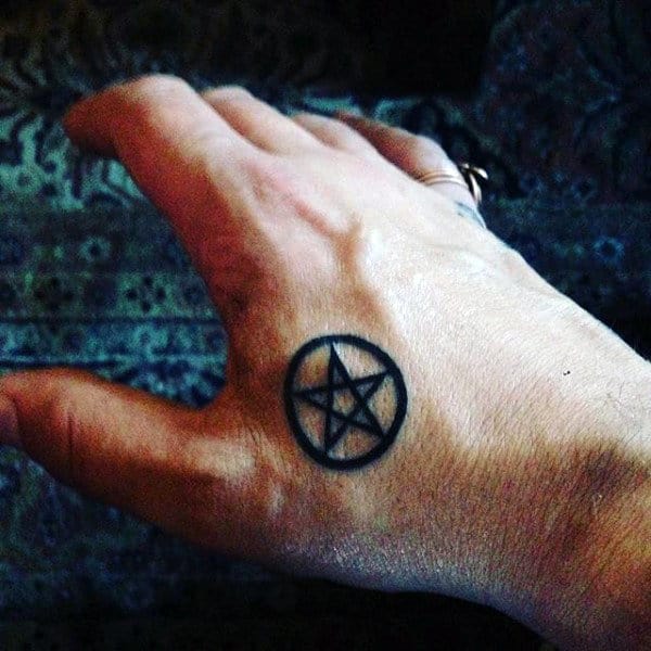 Small Bold And Dark Pentagram Tattoo Guys Hands