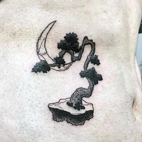 Small Bonsai Tree With Moon Mens Rib Cage Side Tattoo