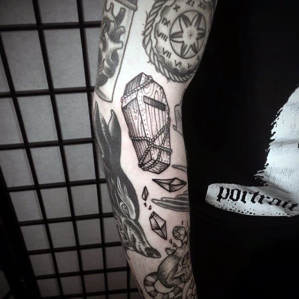 Small Chained Coffin Arm Tattoo For Men