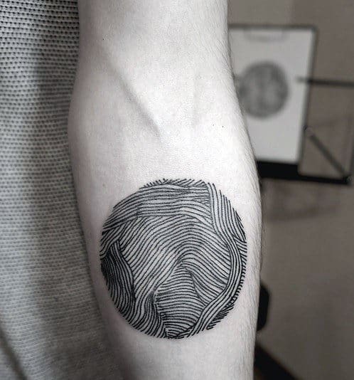 Small Circle Line Work Tattoo Of Mountains For Men On Inner Forearm