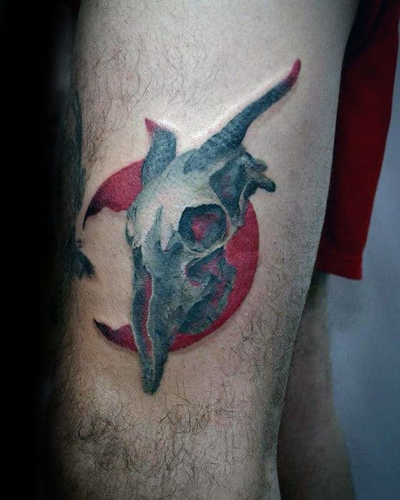 Small Circle Red Moon With Goat Skull Guys Leg Tattoo