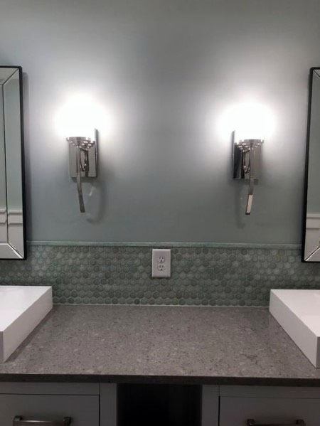 Small Circle Tile With Grey Painted Walls Bathroom Backsplash Ideas