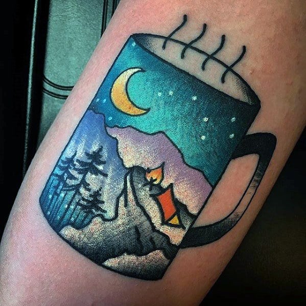 Small Coffee Mug With Nature Night Sky Colorful Mens Arm Tattoo