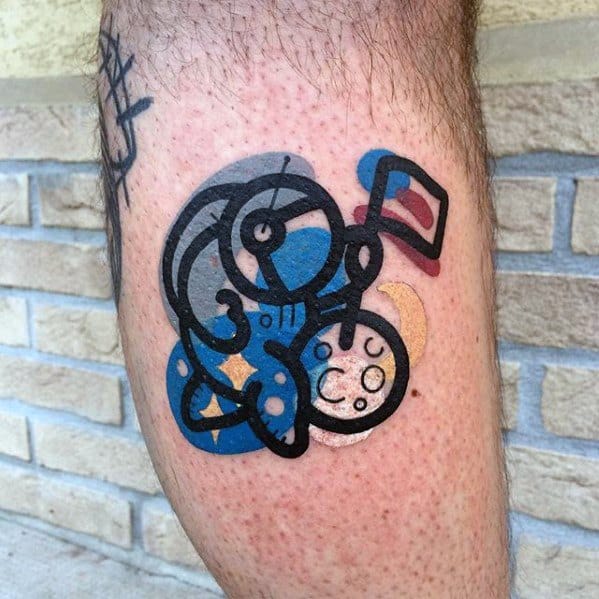 Small Colorful Astronaut With Moon Guys Leg Tattoo