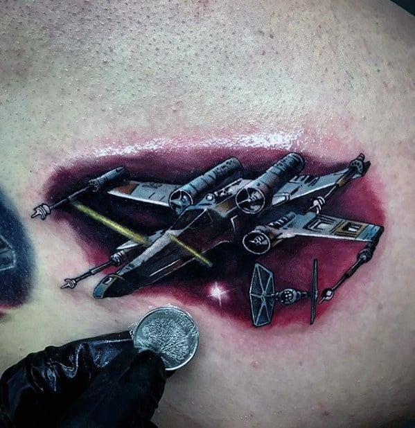 Small Colorful Realistic Star Wars Space Ship Mens Chest Tattoo