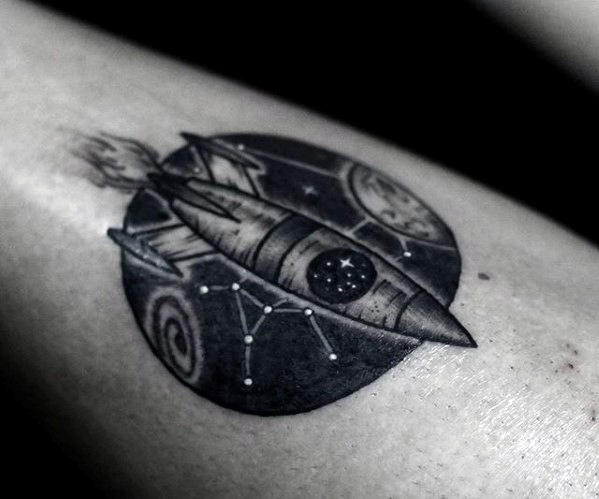 Small Constellation Rocket Ship Guys Circle Forearm Tattoo