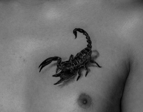 Small Detailed 3d Scorpion Male Upper Chest Tattoo