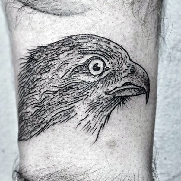 Small Detailed Falcon Woodcut Male Leg Tattoos