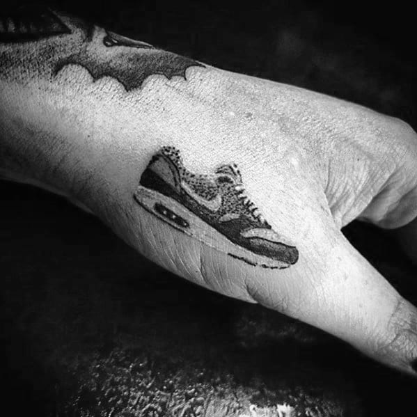 Small Detailed Mens Realistic Side Of Hand Nike Sneaker Tattoo