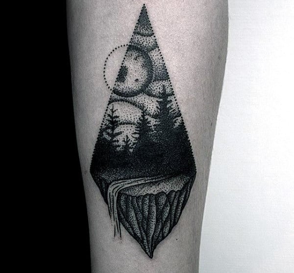 Small Dotwork Forest With Waterfall Mens Forearm Tattoos