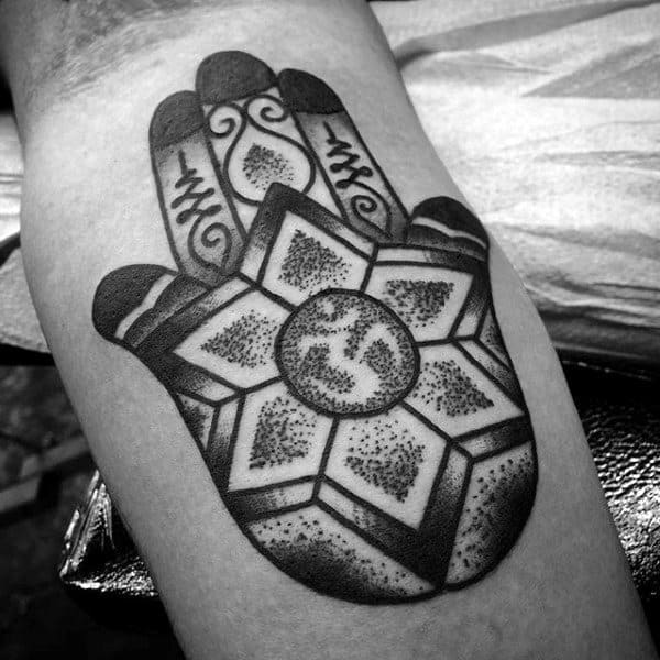 Small Dotwork Om Hamsa Guys Tattoo Designs On Leg