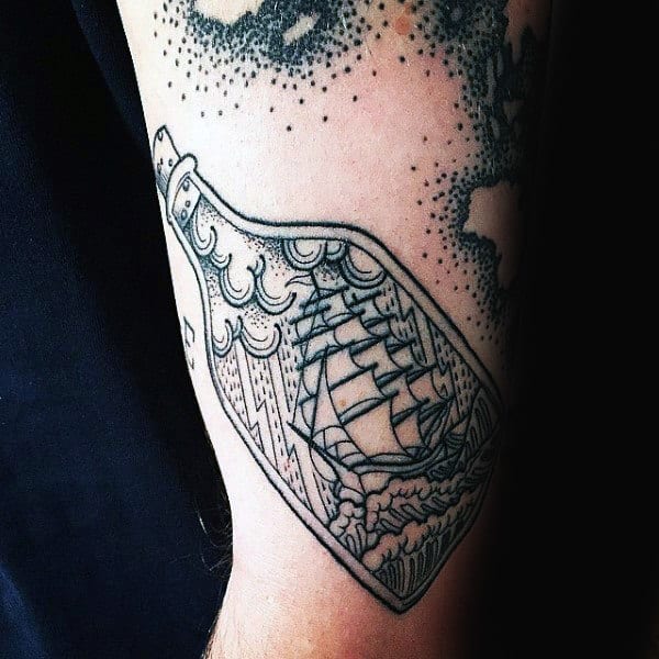 Small Dotwork Ship In A Bottle Mens Arm Tattoos