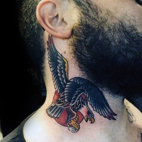 Small Eagle Traditional Neck Tattoos For Guys