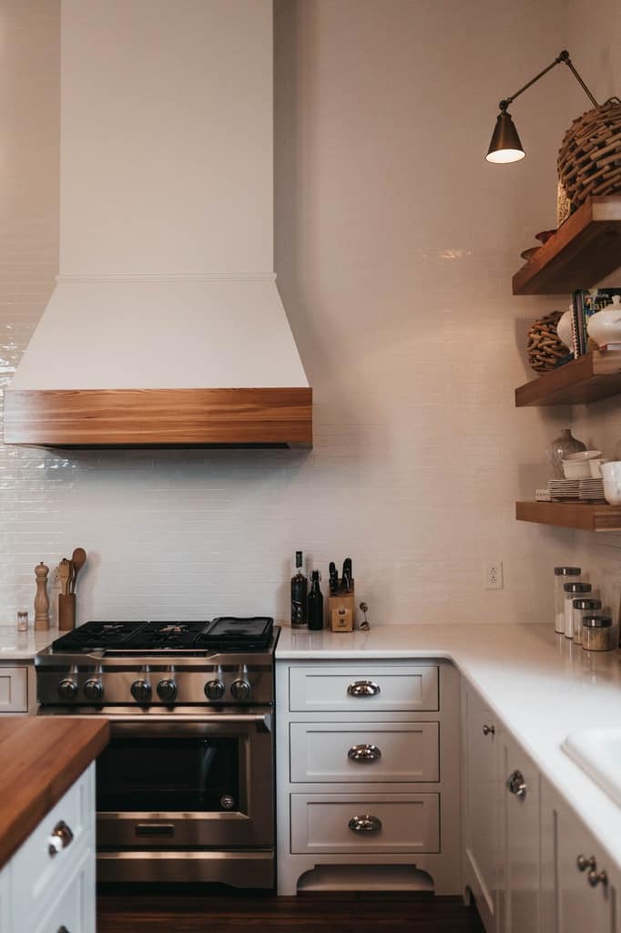 small white farmhouse kitchen wood shelves 