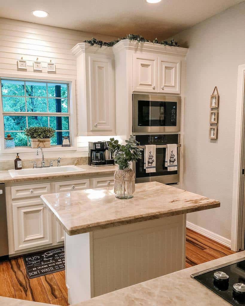 small white farmhouse kitchen marble countertops