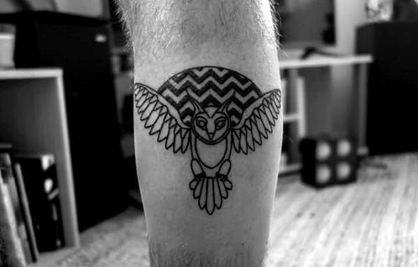 Small Flying Owl Mens Twin Peaks Leg Tattoo