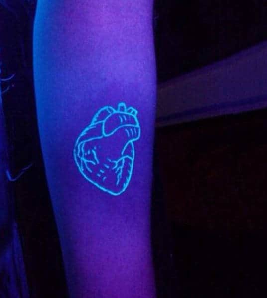 Small Glow In The Dark Mens Heart Tattoo On Inner Forearm