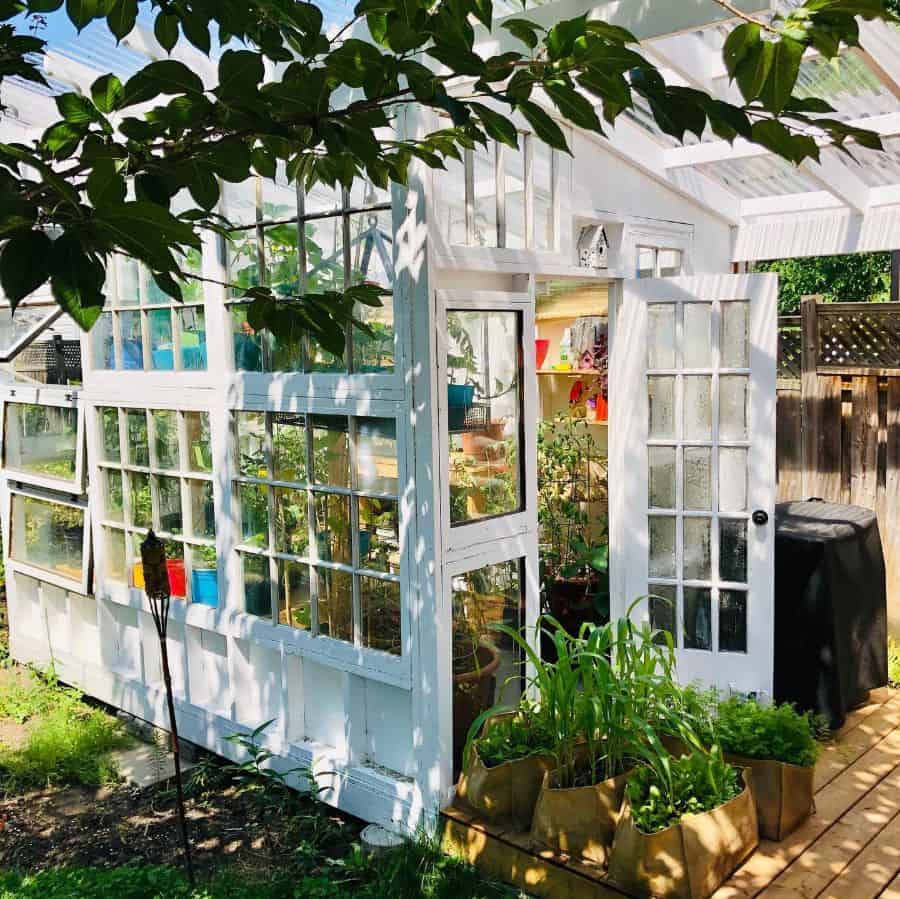 small white greenhouse backyard 