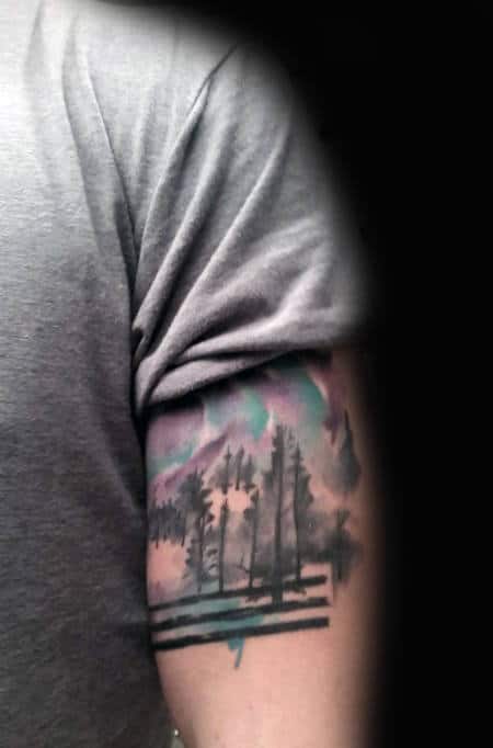 Small Grey Watercolor Tree Tattoo Male Arms