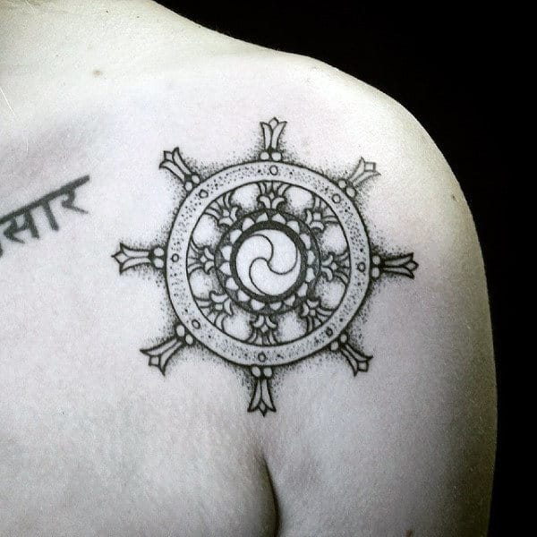 Small Guys Detailed Dharma Wheel Shoulder Tattoo Design Ideas