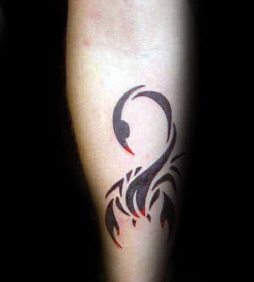 Small Guys Red And Black Ink Tribal Scorpion Inner Forearm Tattoo
