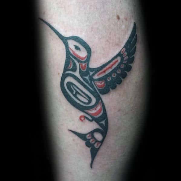 Small Haida Tribal Hummingbird Male Leg Tattoo