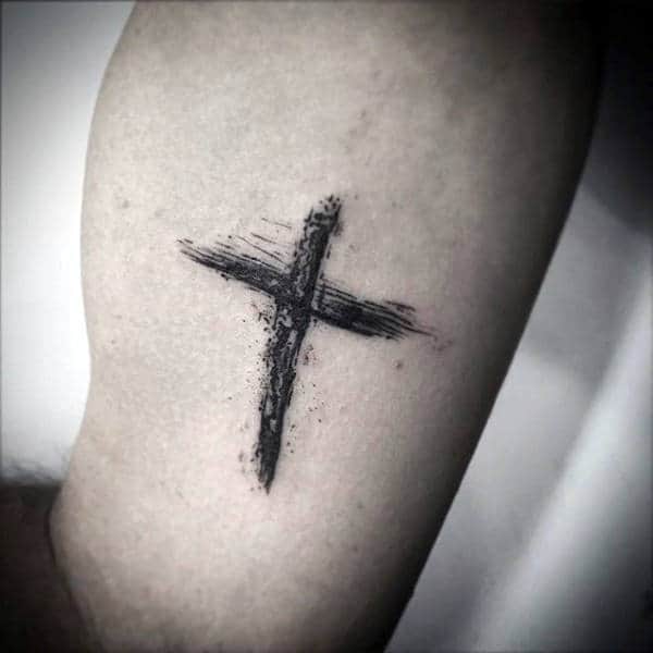 Small Inner Arm Bicep Mens Brush Stroke Cross Tattoos