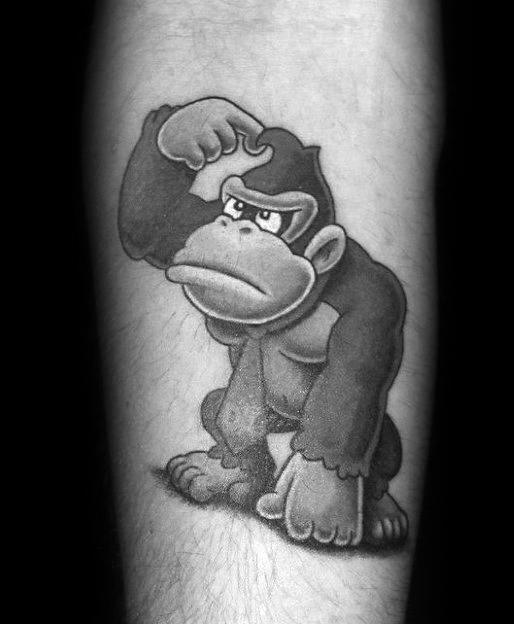 Small Inner Forearm Shaded Black And Grey Ink Donkey Kong Mens Tattoo Ideas