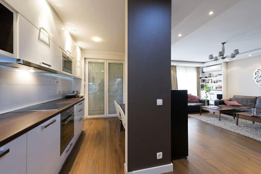 small apartment kitchen open living room wood floorboards