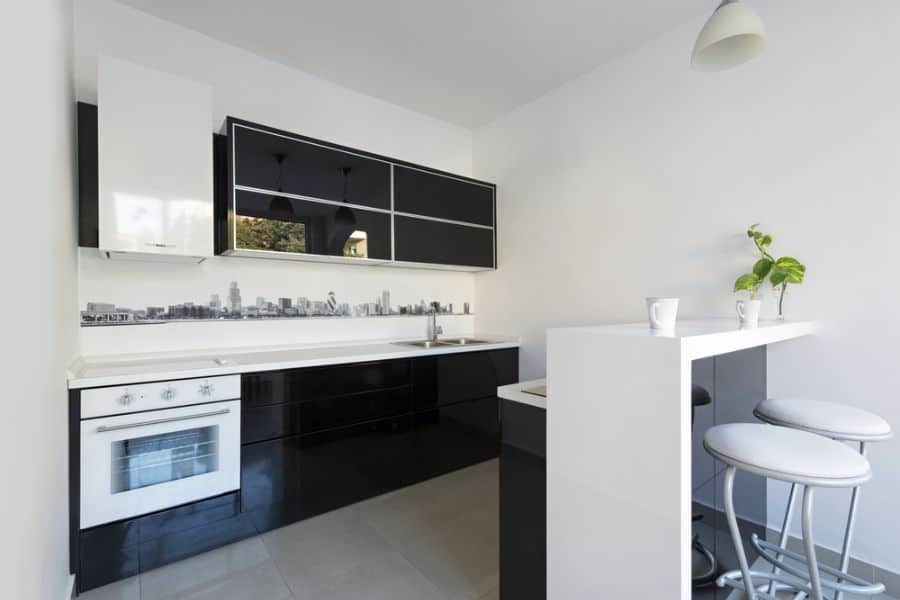 small black and white kitchen breakfast bench 