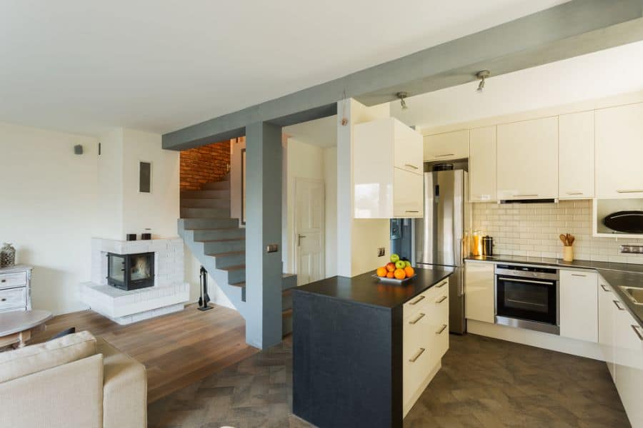 small apartment kitchen fireplace wood laminate flooring 