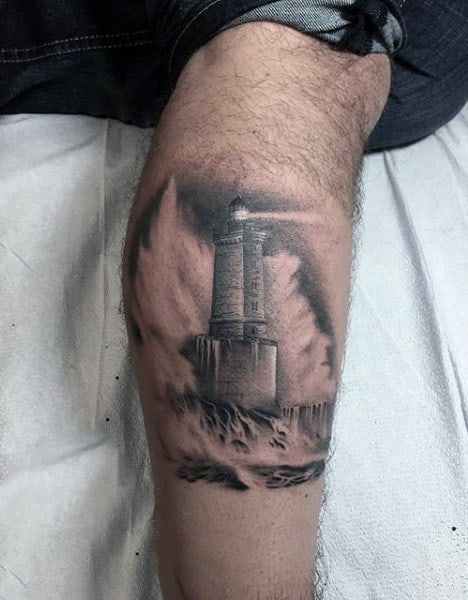 Small Knee Cap Lighthouse Mens Tattoo