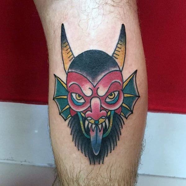 Small Leg Calf Male Traditional Devil Tattoo