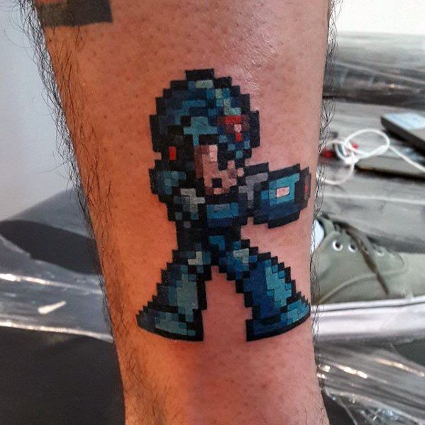 Small Lower Leg 8 Bit Megaman Tattoo Designs For Guys