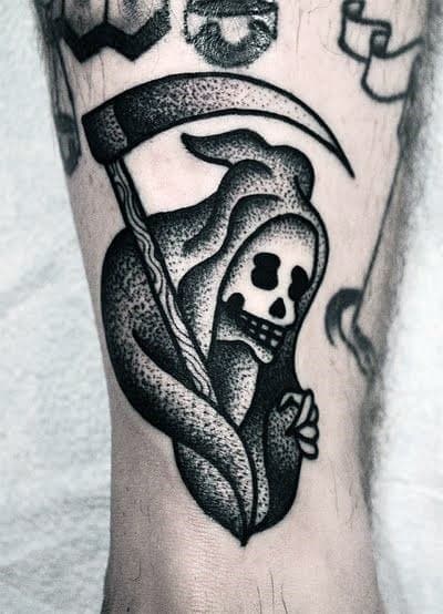 Small Lower Leg Dotwork Mens Tattoo With Traditional Reaper Design