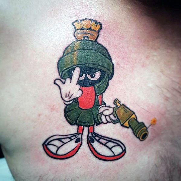 Small Marvin The Martian Male Upper Chest Tattoos