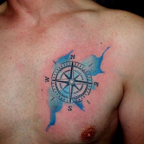 Small Mens Blue Ink Watercolor Compass Upper Chest Tattoo